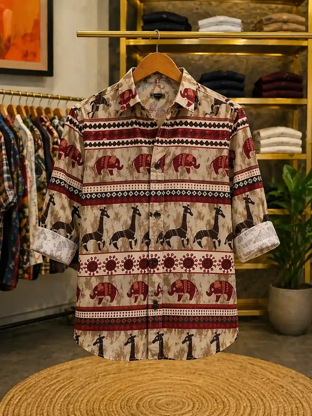 Men's Ethnic Elephant and Giraffe Statement Shirt